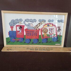 Vintage completed Needlepoint/Cross Stitch children's Circus Train Framed‎ art